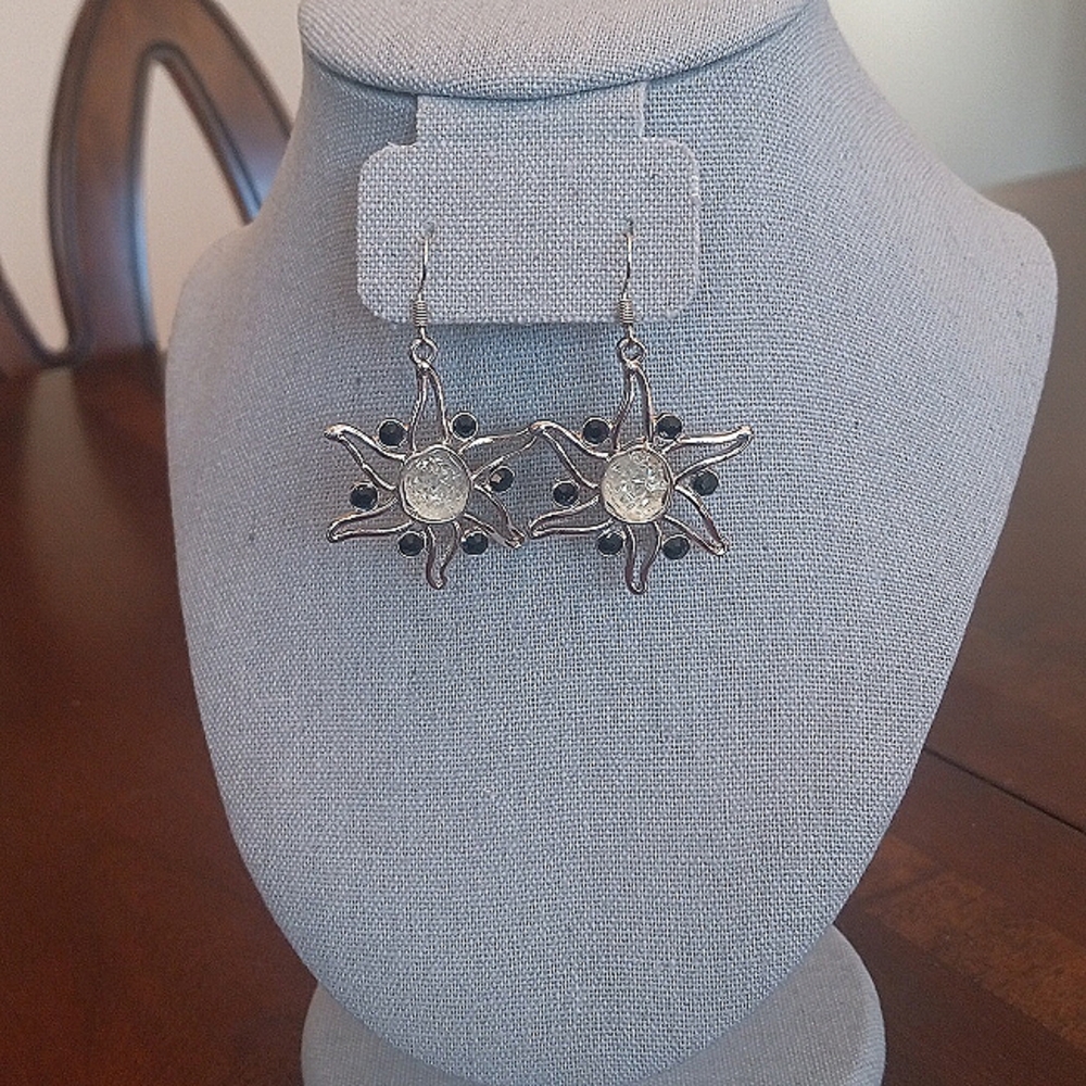 Natural Crystal Star Sunburst Silver Earrings 1.5"